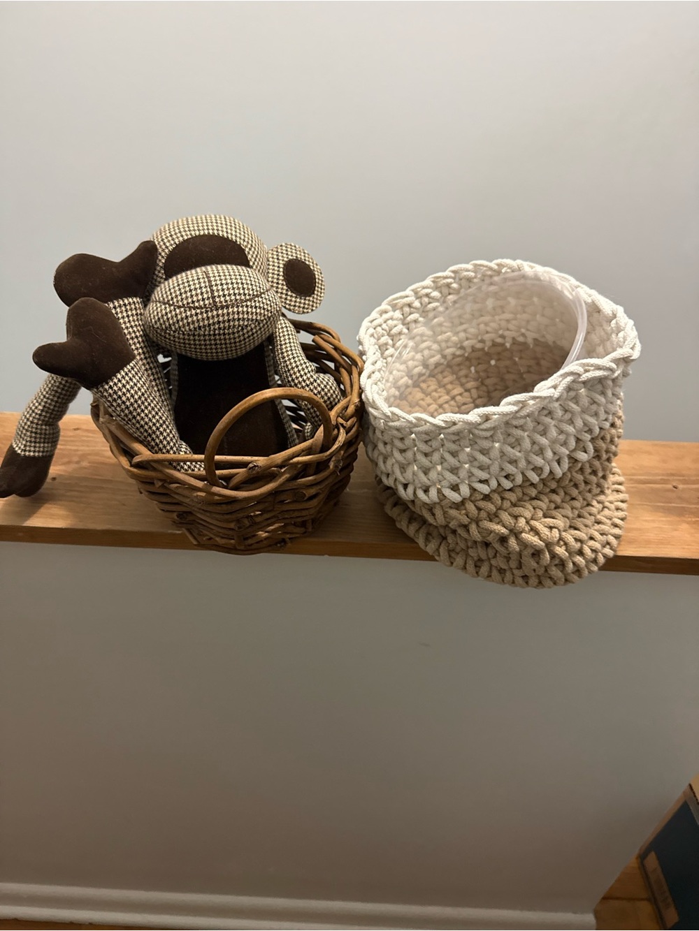 Handwoven Two-Tone Storage Basket - Cream & Tan, Sock Monkey Weighted, basket